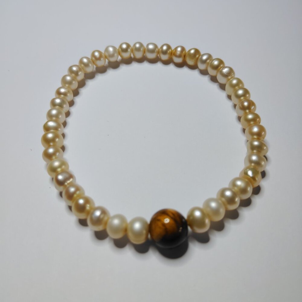 Real Pearl & Tiger’s Eye Stretch Bracelet – Natural Stone Beads, 2.5"
